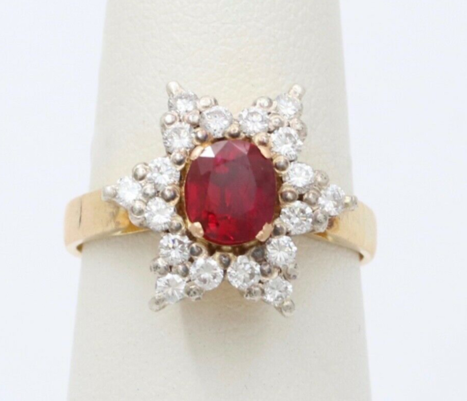 Vintage 18K Yellow Gold & Sterling Silver 1.9 carats Ruby and Diamond Star Ring,