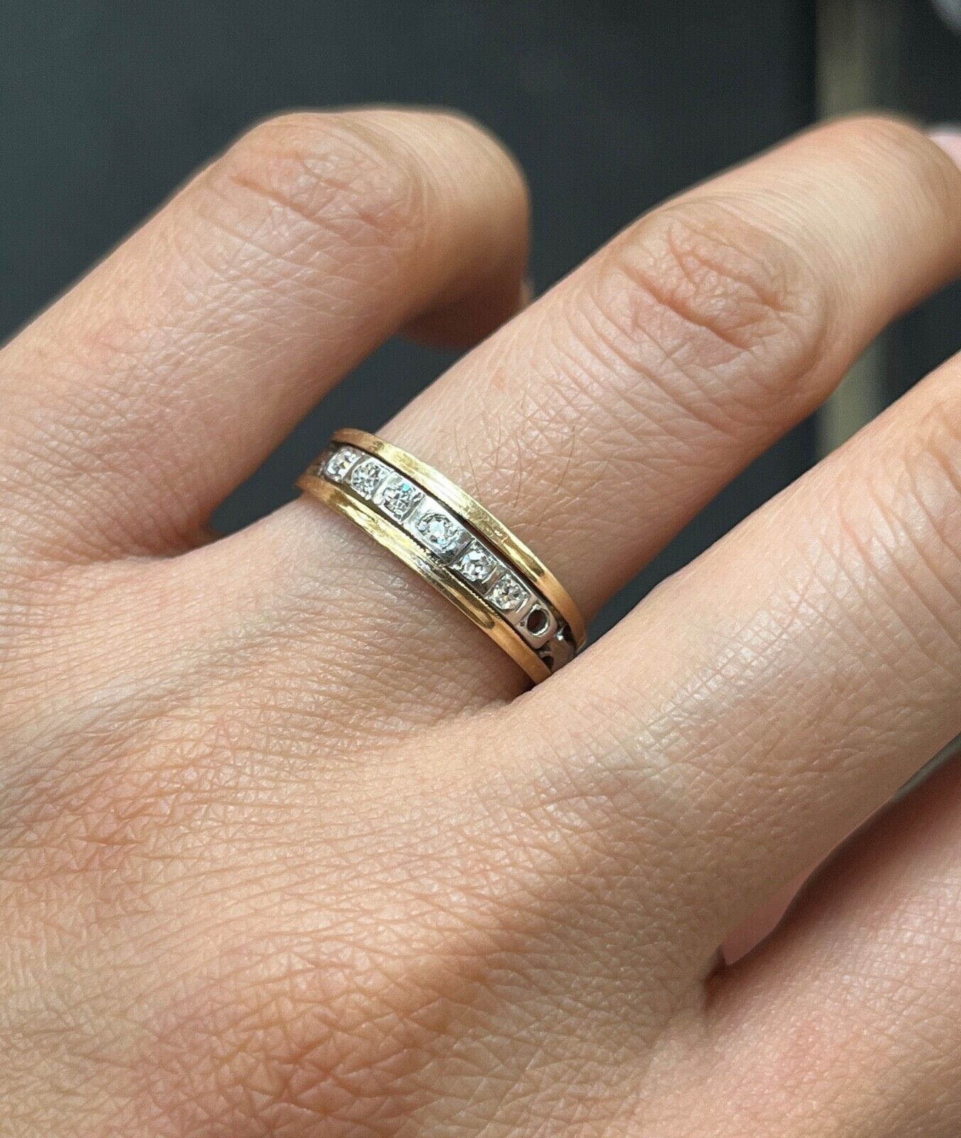 Vintage 18K & 14K Gold Diamond Ring Band, Wedding Band