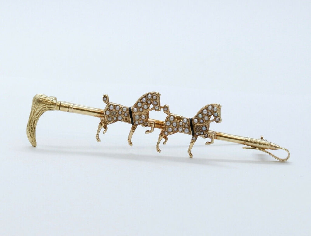 Victorian Horse and Crop 14K Yellow Gold Seed Pearls Brooch Pin