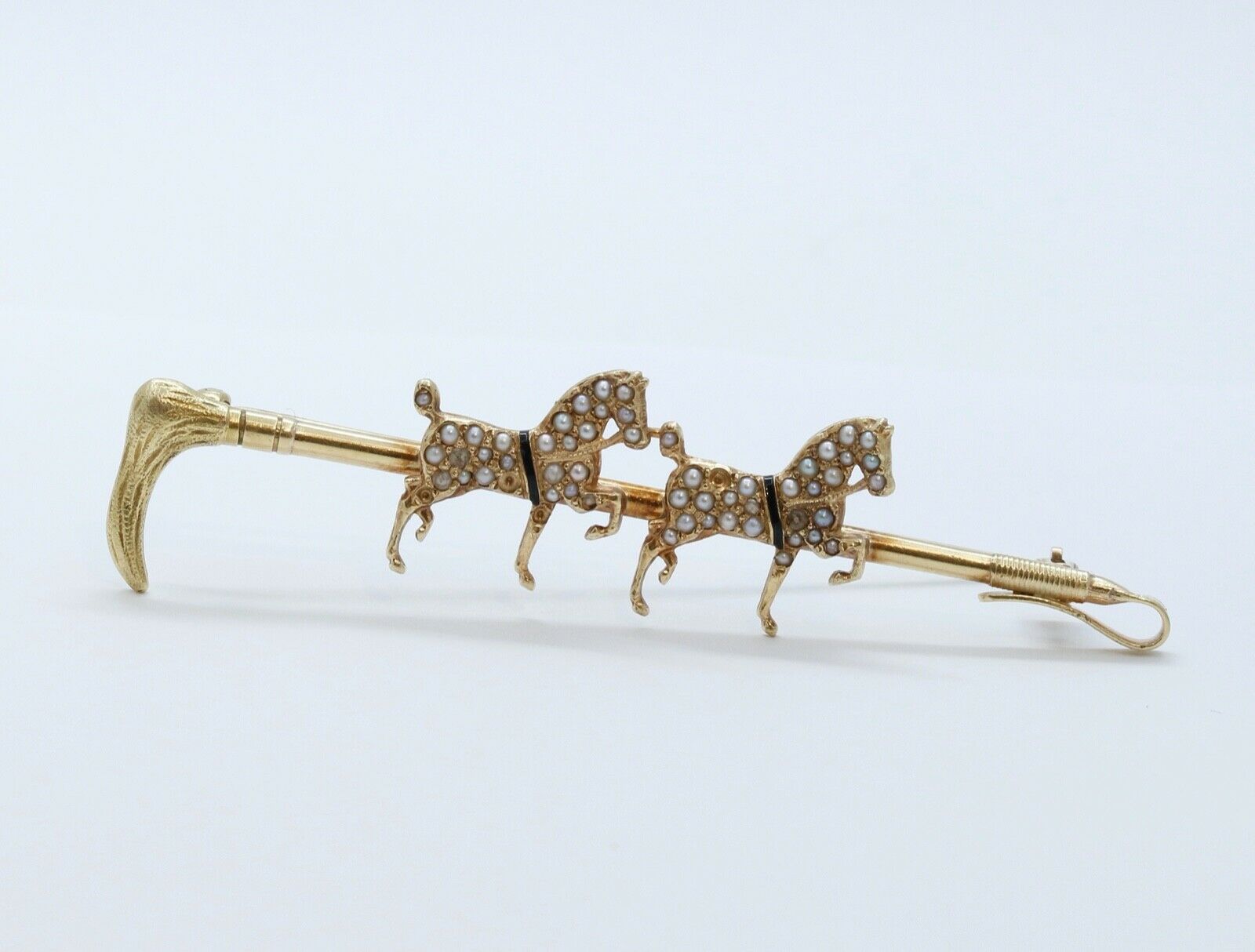 Victorian Horse and Crop 14K Yellow Gold Seed Pearls Brooch Pin
