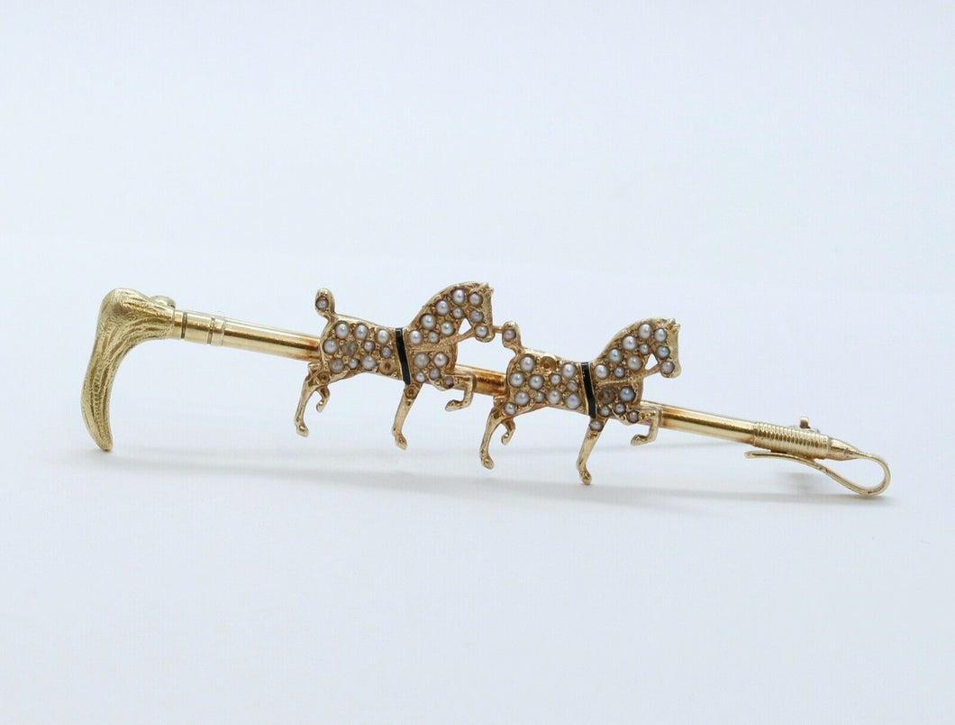 Victorian Horse and Crop 14K Yellow Gold Seed Pearls Brooch Pin