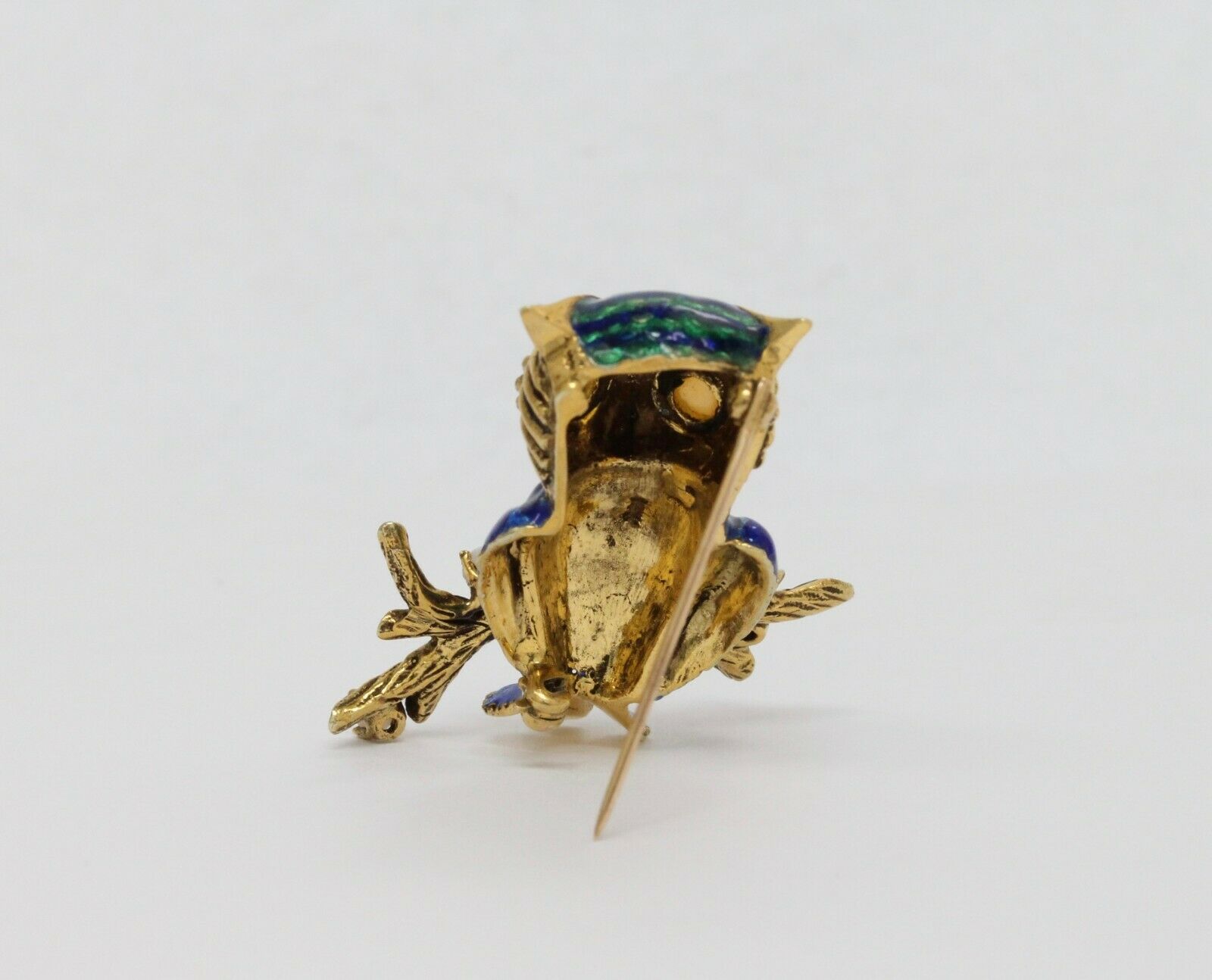 Vintage Enamel 18K Yellow Gold Opal Owl Brooch