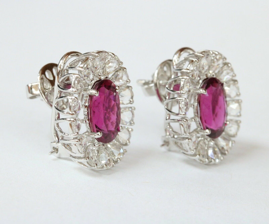 Pink Tourmaline Rose Cut Diamonds 18K White Gold Earrings