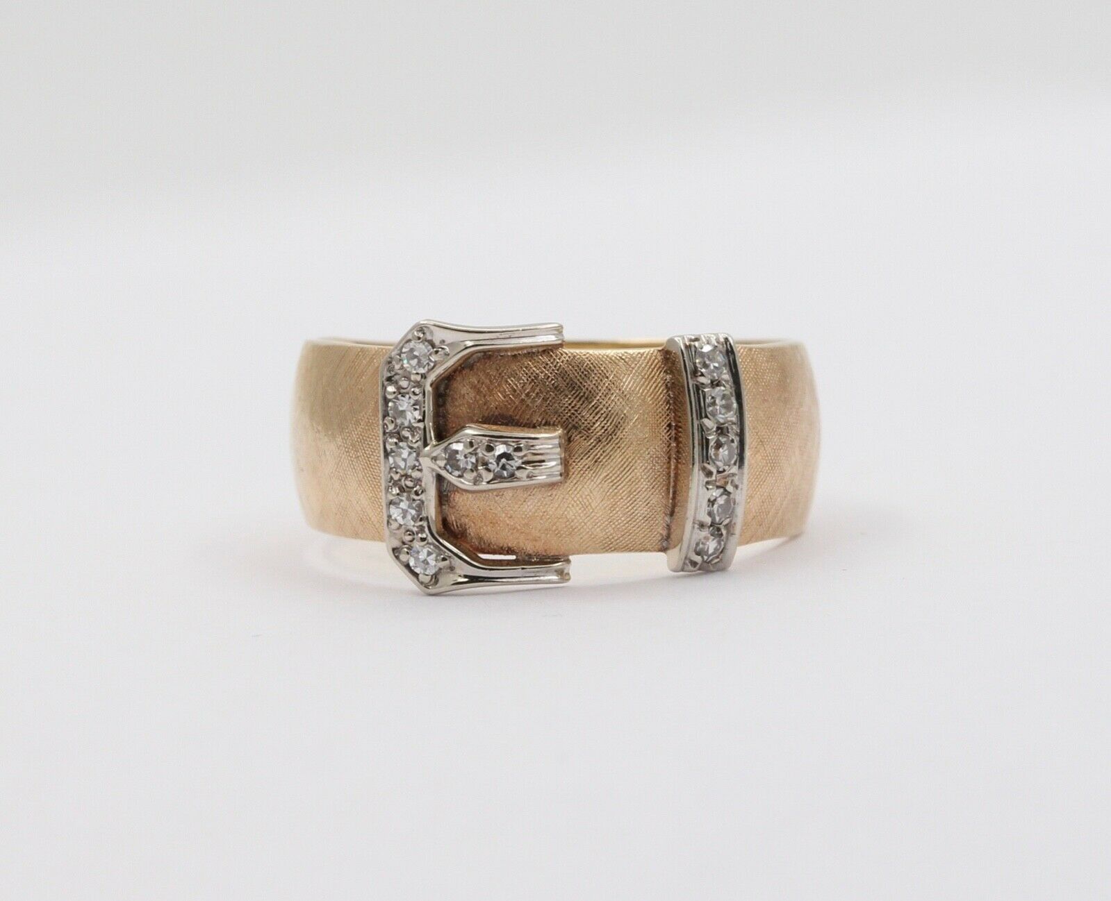 Vintage Buckle Unisex 14K Yellow White Gold Diamonds Band Ring