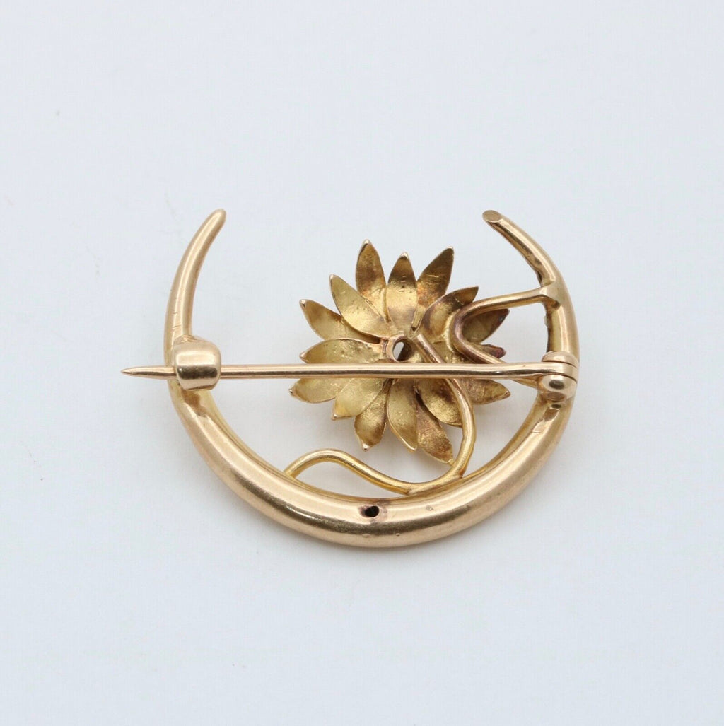 Victorian 10K Yellow Gold Crescent & Chrysanthemum Flower Diamond Pin
