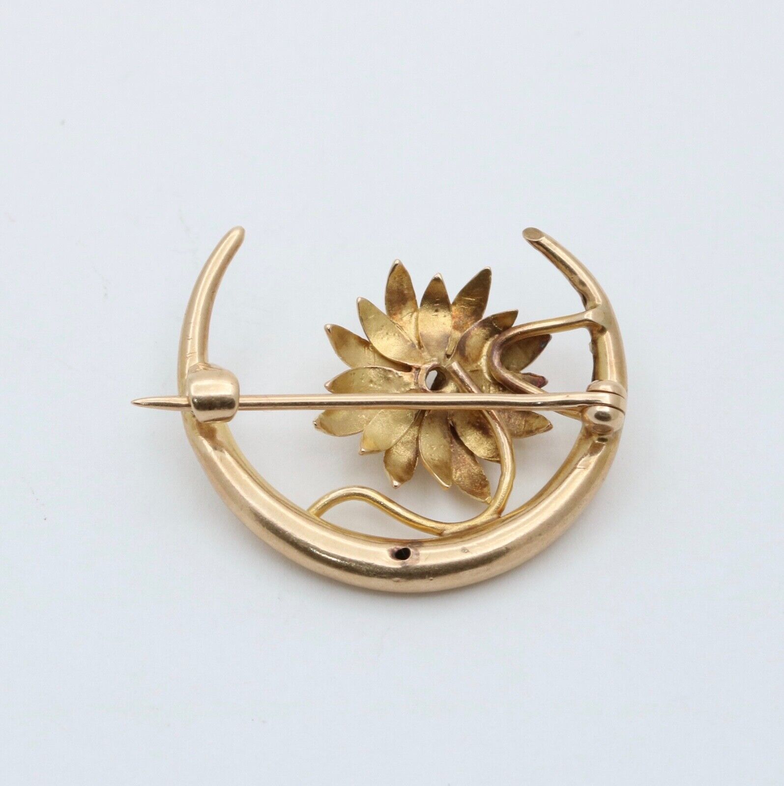 Victorian 10K Yellow Gold Crescent & Chrysanthemum Flower Diamond Pin