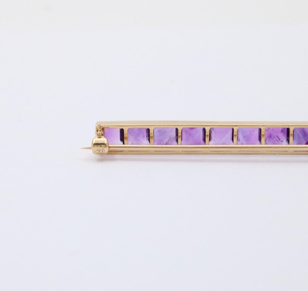 Victorian Emerald Cut Amethyst 14K Yellow Gold Bar Pin Brooch