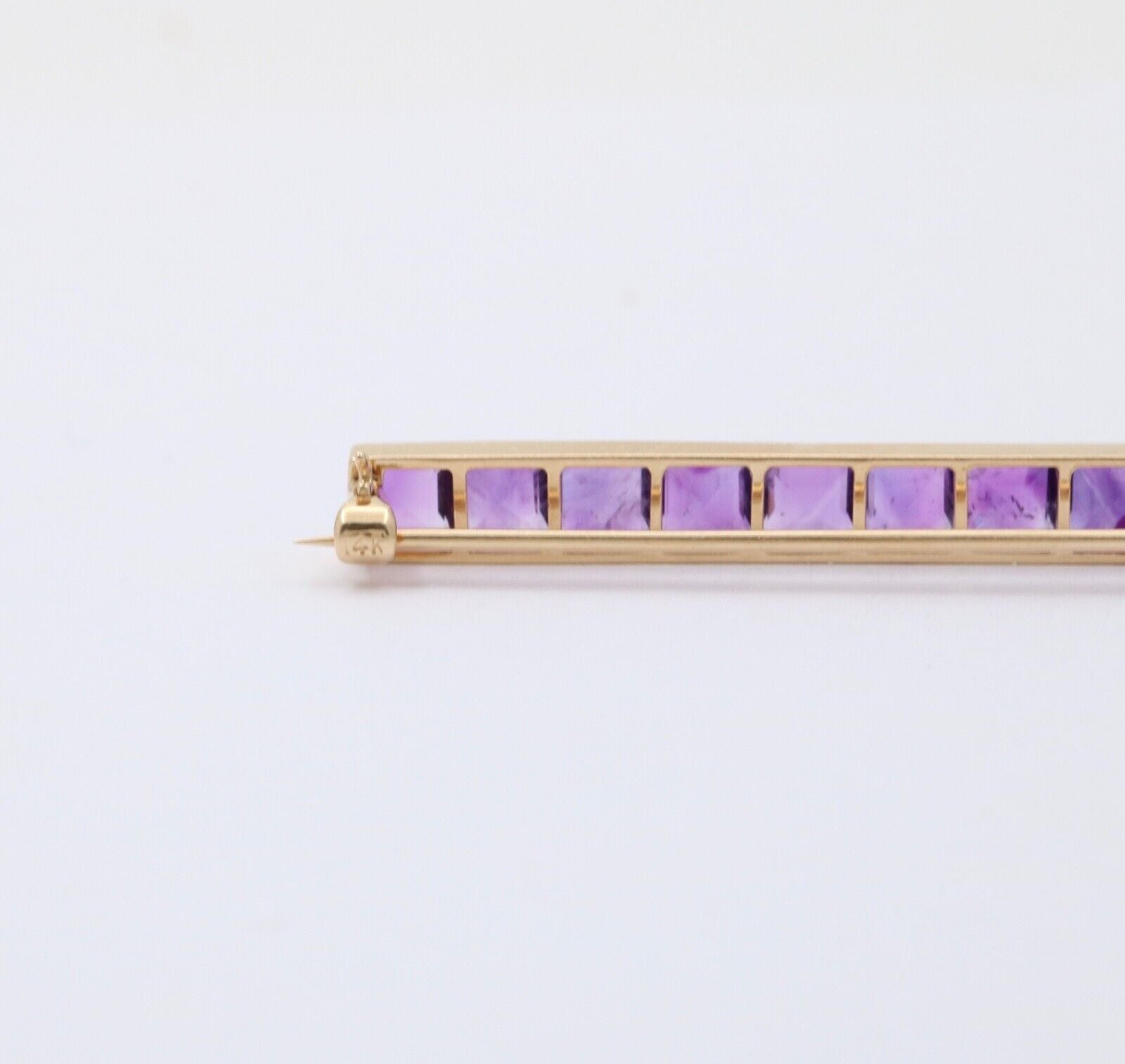 Victorian Emerald Cut Amethyst 14K Yellow Gold Bar Pin Brooch