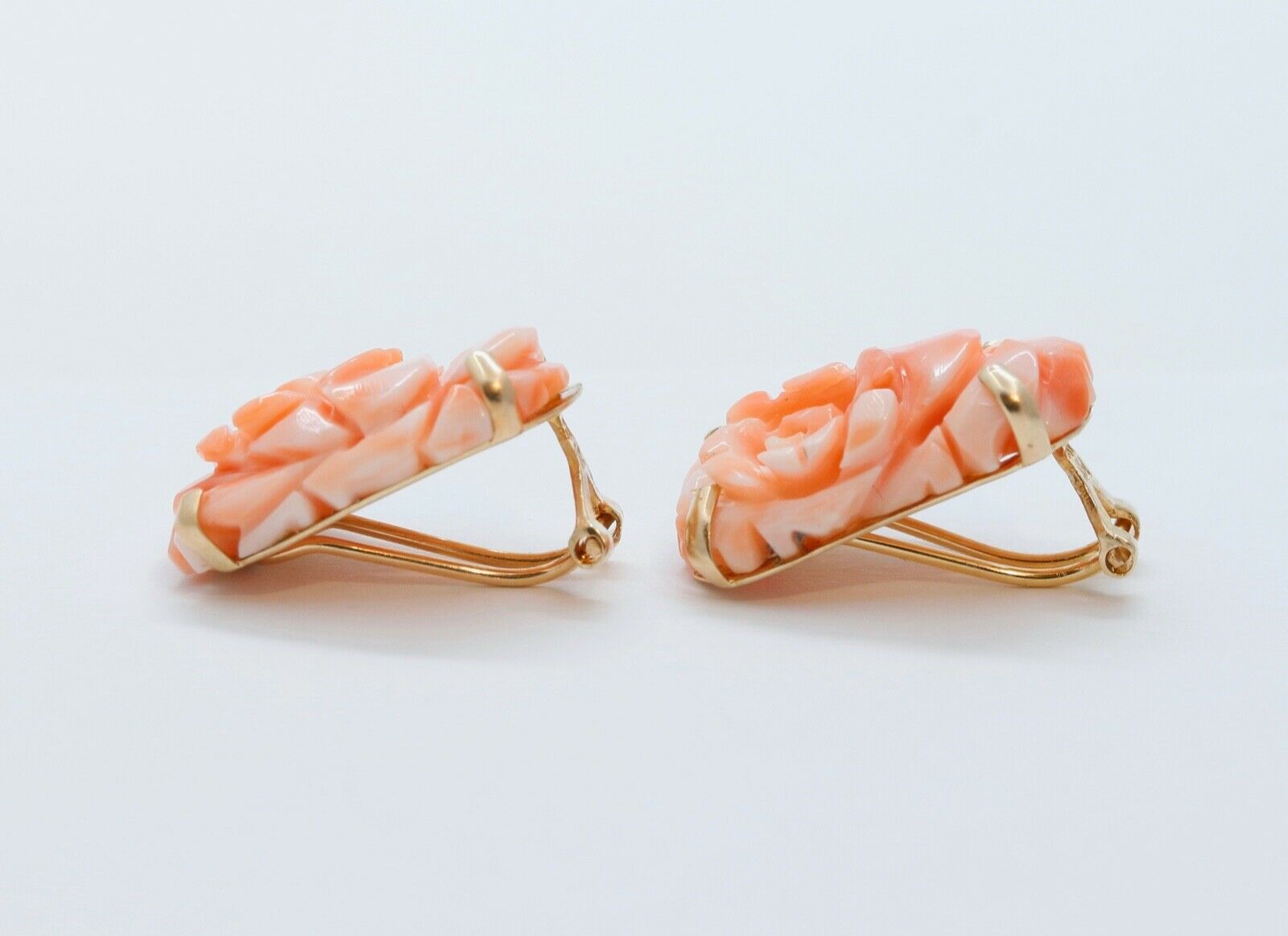 Carved Coral Flower 14K Yellow Gold Earrings