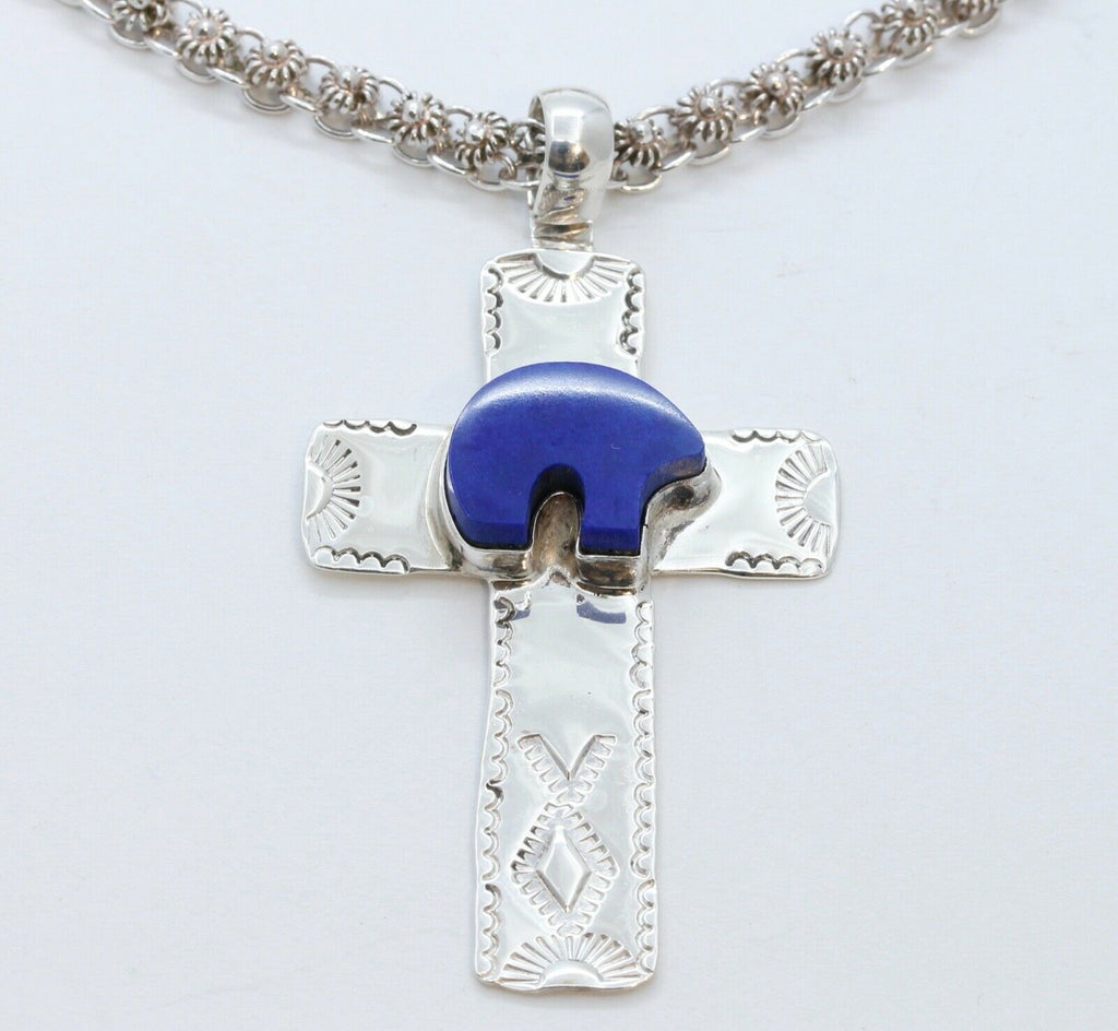 Navajo Lapis Lazuli Bear Sterling Silver Cross Pendant