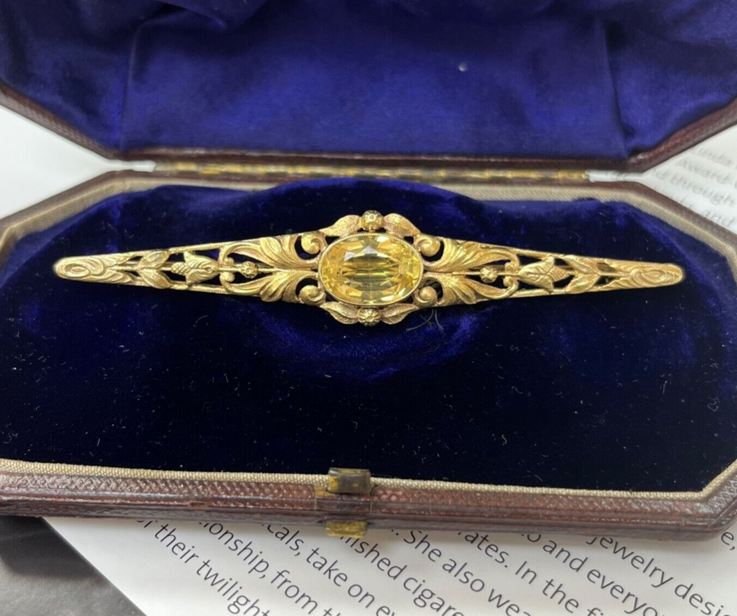 Antique Art Nouveau 14K Yellow Gold Citrine Bar Brooch, Pin