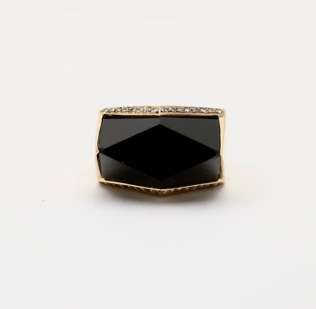 Vintage 14K Yellow Gold Geometric Onyx & Diamond Ring