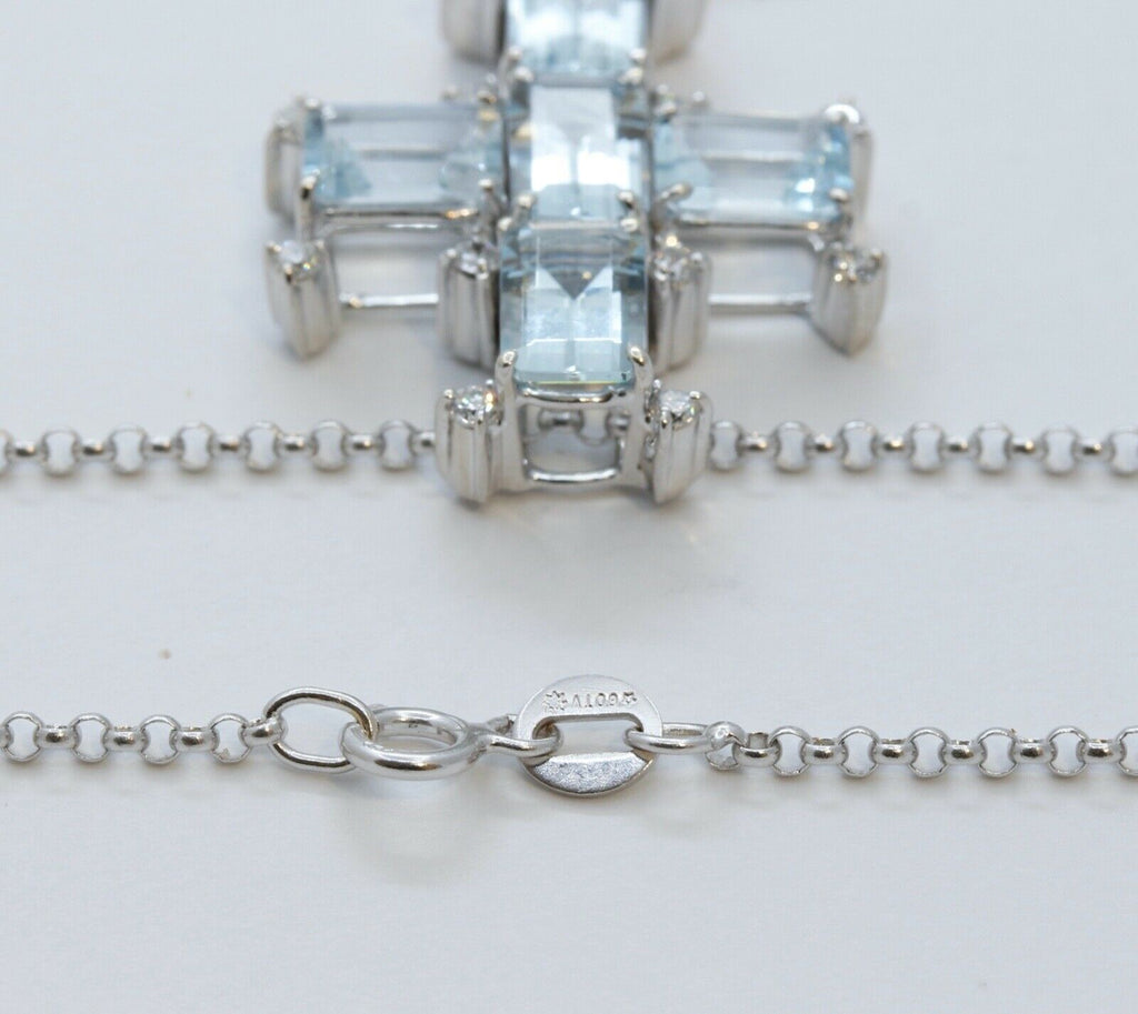Vintage Ladies Aquamarine Diamonds 18K White Gold Cross and Chain
