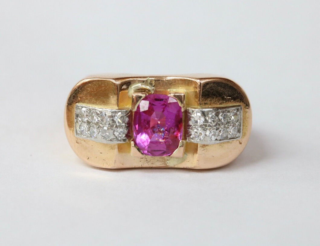 Retro 1940’s Pink Sapphire and Diamond 18K Yellow Gold Ring