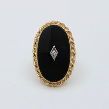 Load image into Gallery viewer, Art Deco Diammond Onyx 14K Yellow White Gold Filagree Ring
