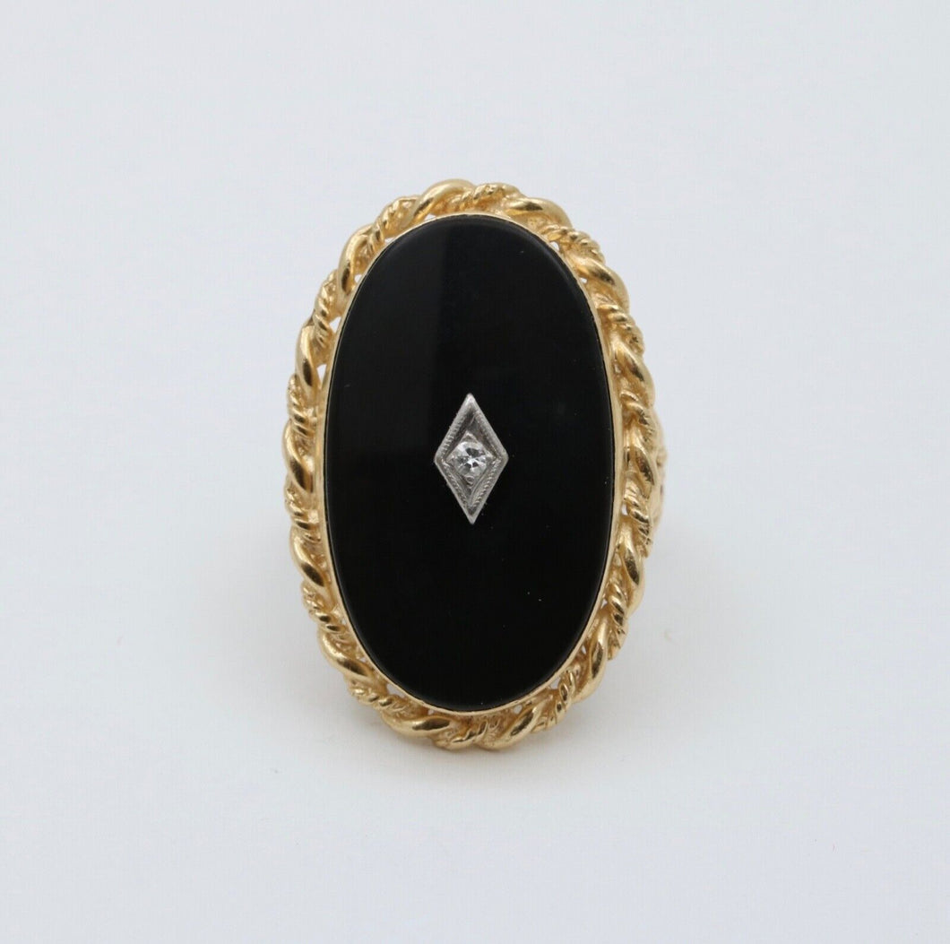 Art Deco Diammond Onyx 14K Yellow White Gold Filagree Ring