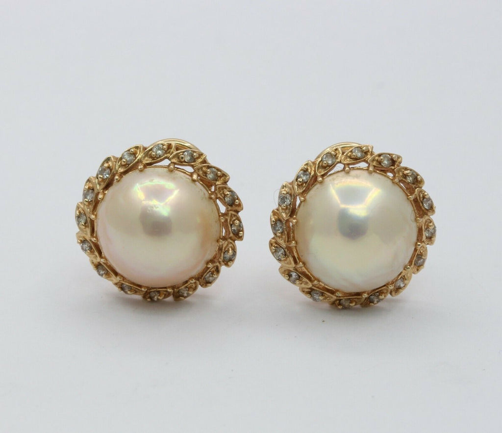 Vintage 14K Yellow Gold Mabe Pearl Diamond Earrings