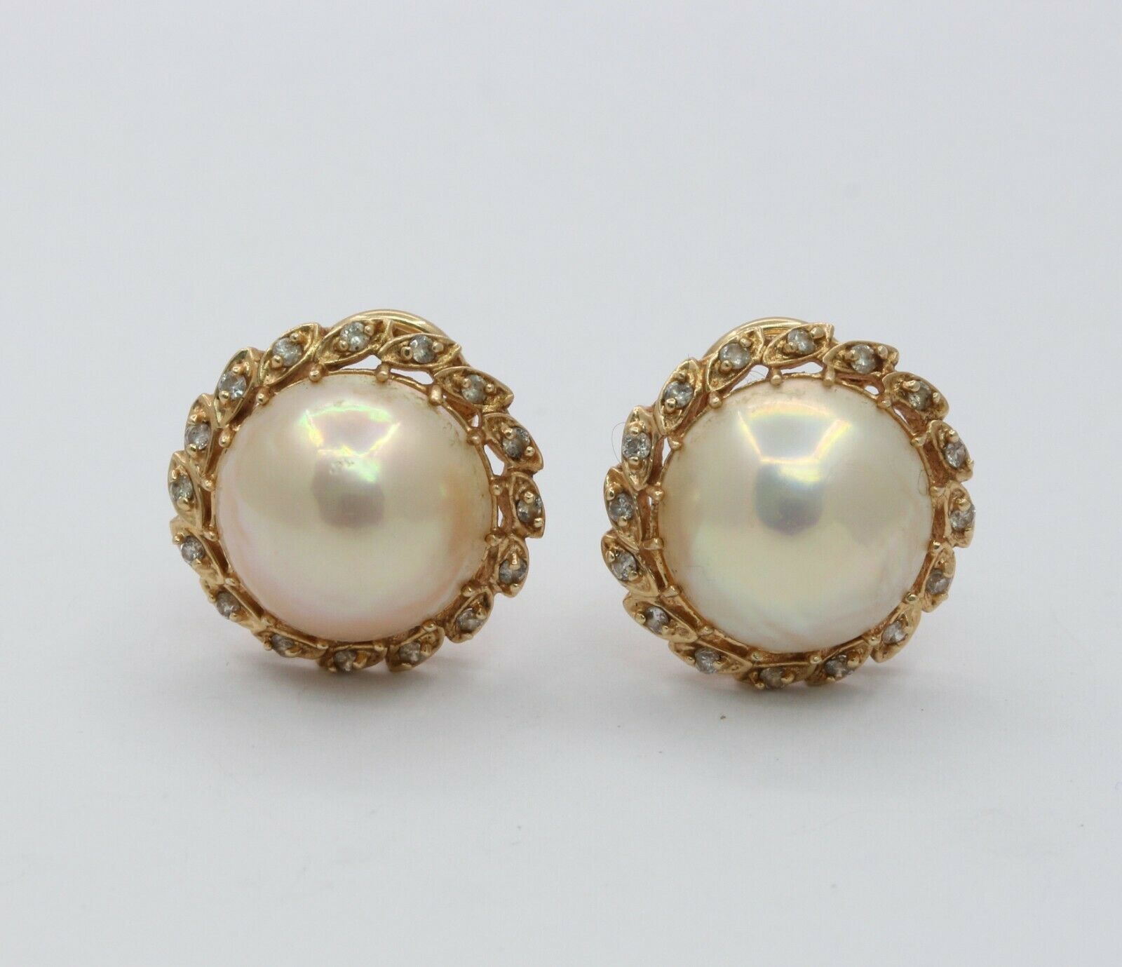 Vintage 14K Yellow Gold Mabe Pearl Diamond Earrings