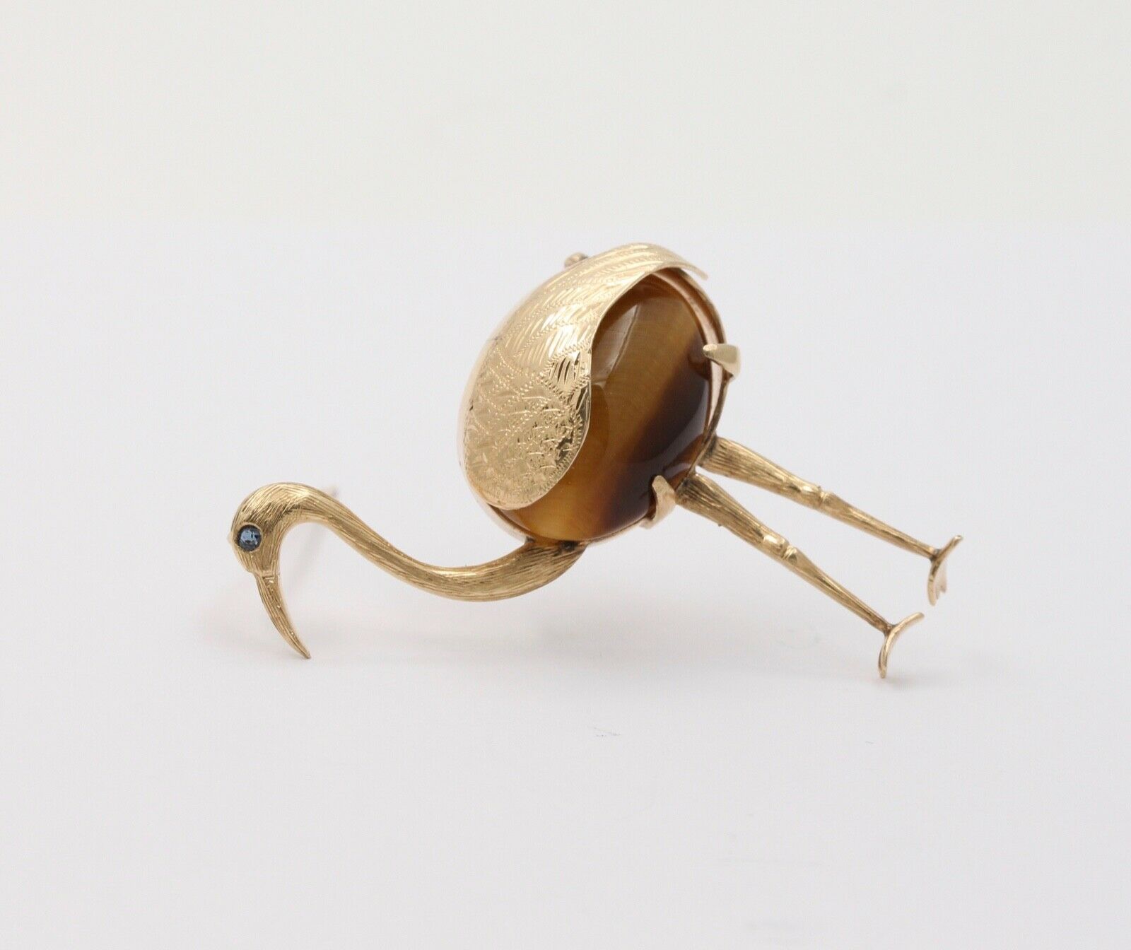 Vintage 14K Yellow Gold Tiger Eye Crane Bird Brooch, Estate Pin.