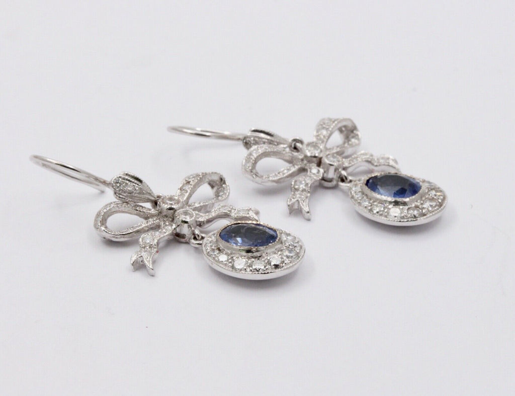 Elegant Blue Sapphires Diamonds 18K White Gold Earrings