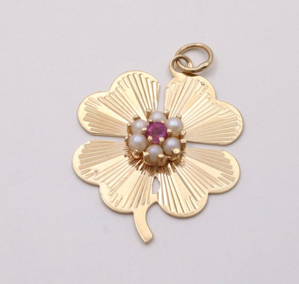 Vintage 14K Yellow Gold Four Leaf Clover Pearl & Ruby Charm Pendant