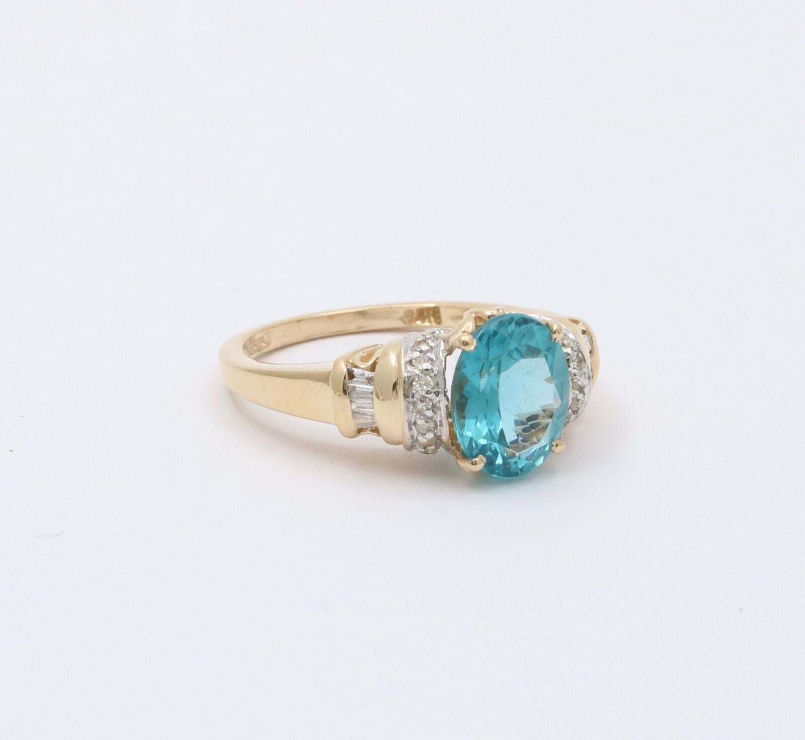Vintage Blue Zircon And Diamond 14K Yellow Gold Ring Band, Engagement Ring