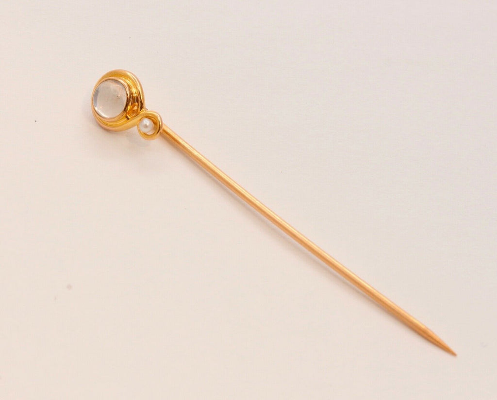 Art Nouveau Moonstone Seed Pearl 14K Yellow Gold Stick Pin