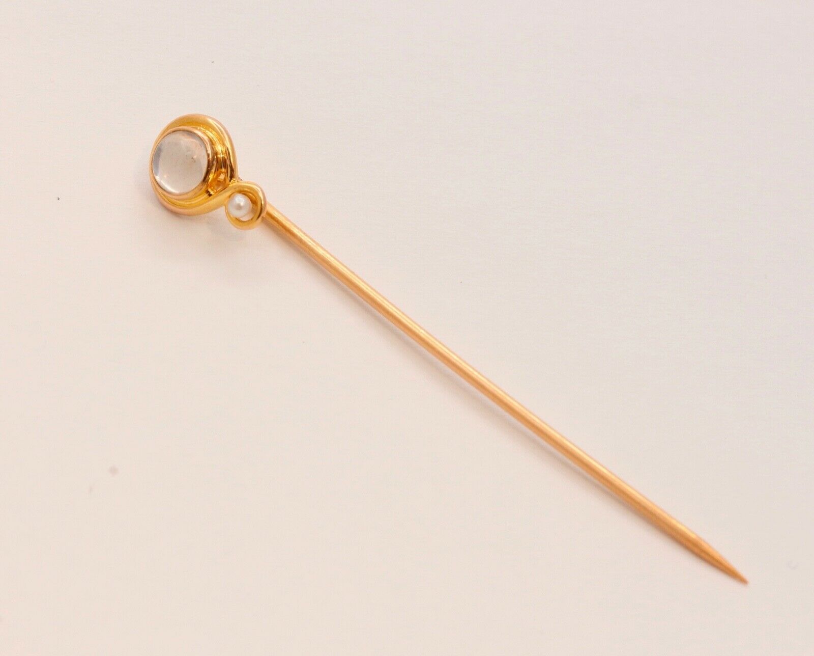 Art Nouveau Moonstone Seed Pearl 14K Yellow Gold Stick Pin