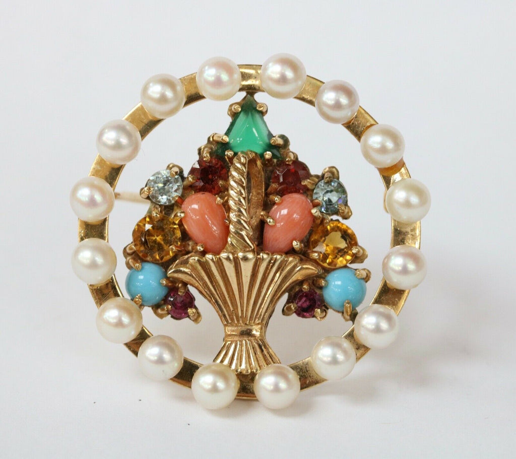 Beautiful Vintage Multi Stone Flower Basket Brooch