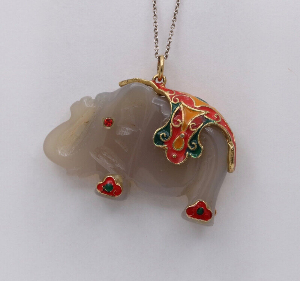 Vintage Silver Carved Nephrite Elephant Charm Pendant , Necklace