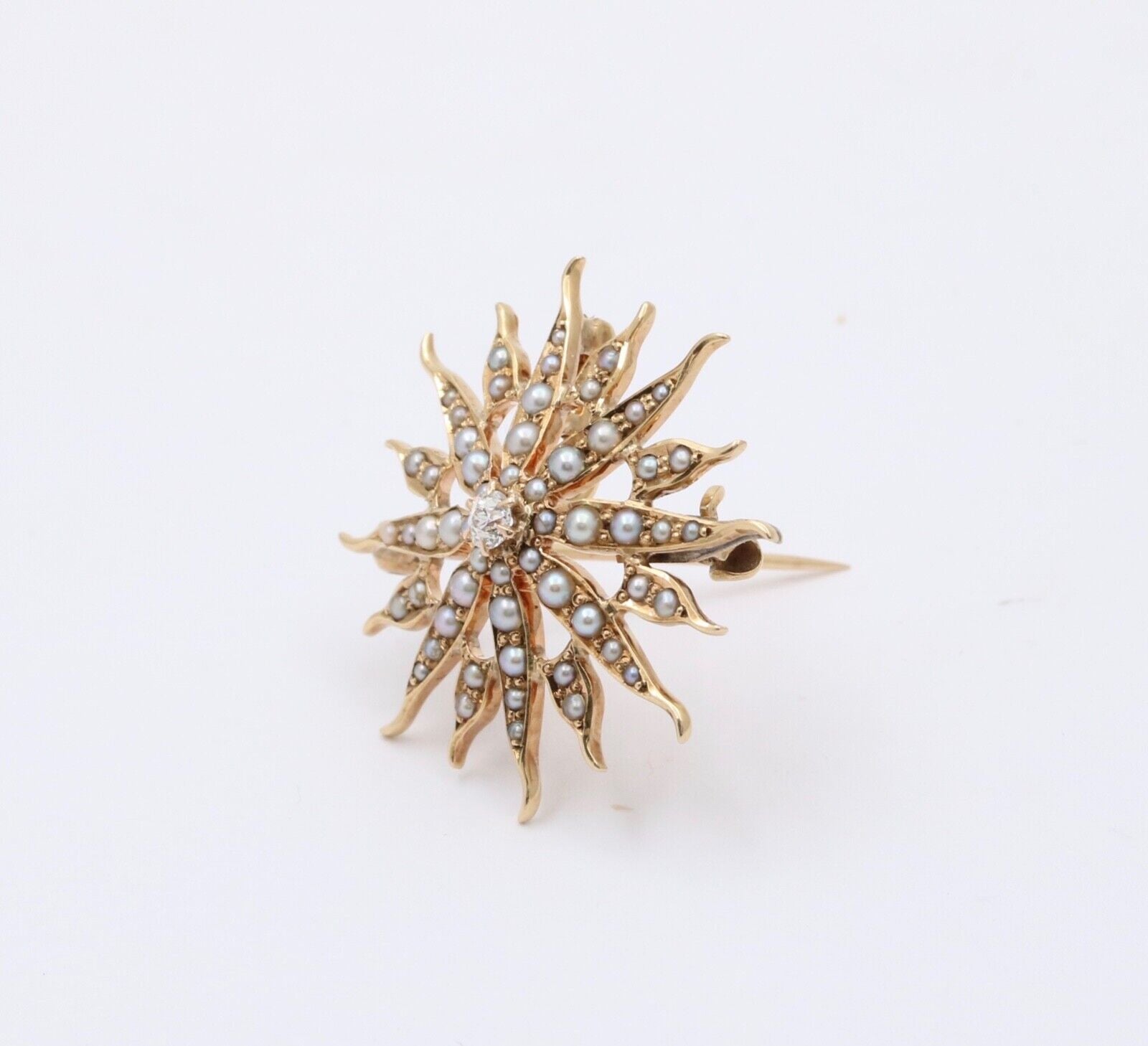 Victorian Edwardian Starburst Diamond Seed Pearls 14K Yellow Gold Pendant Brooch