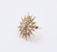 Load image into Gallery viewer, Victorian Edwardian Starburst Diamond Seed Pearls 14K Yellow Gold Pendant Brooch
