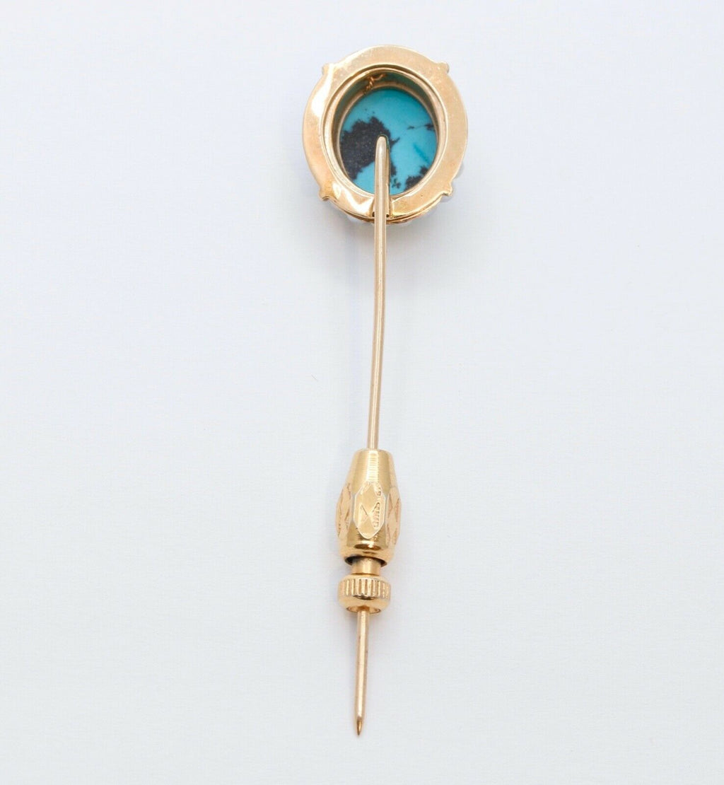 Vintage Ladies Turquoise Diamonds 14K Yellow Gold Stick Pin