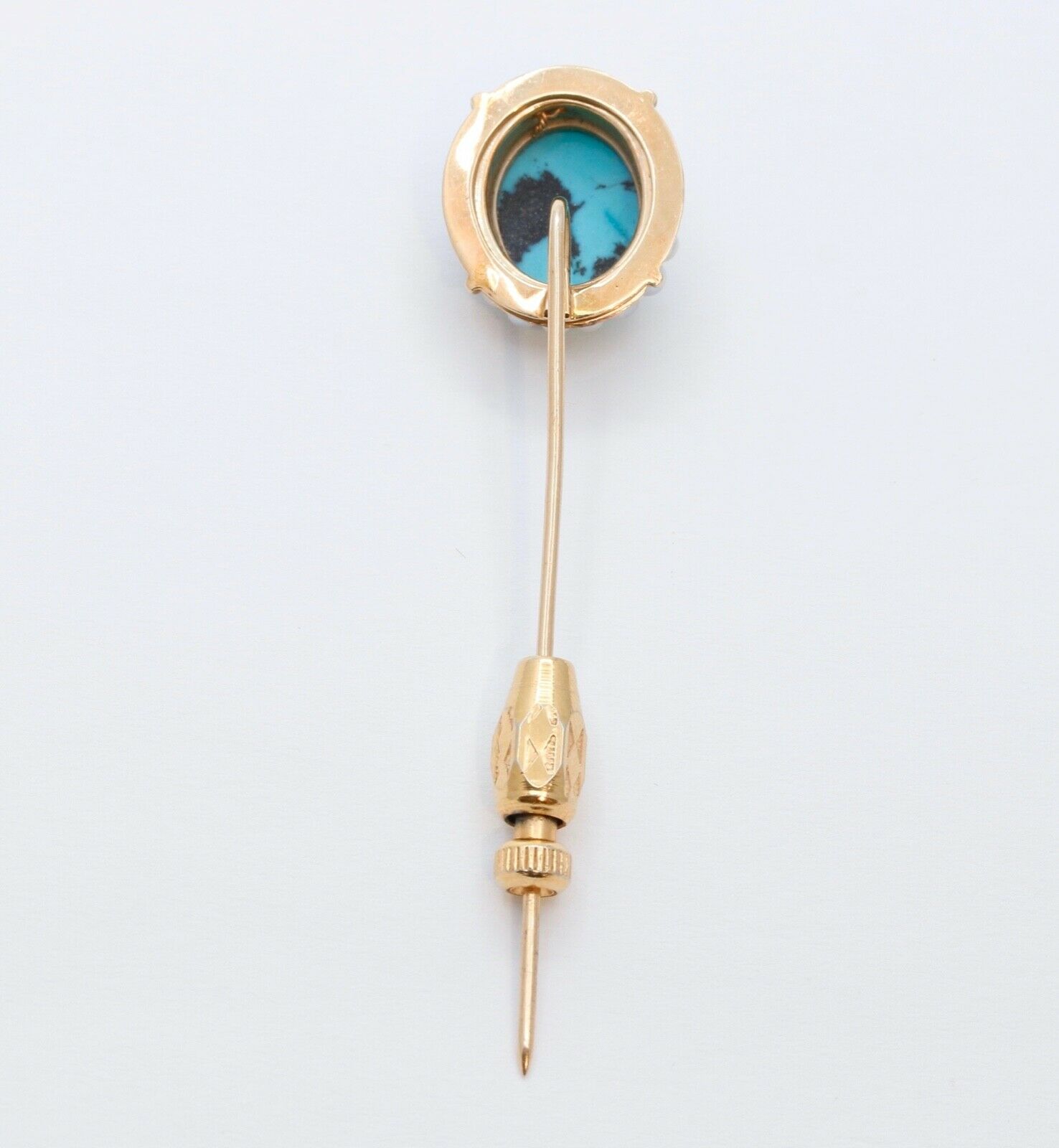Vintage Ladies Turquoise Diamonds 14K Yellow Gold Stick Pin