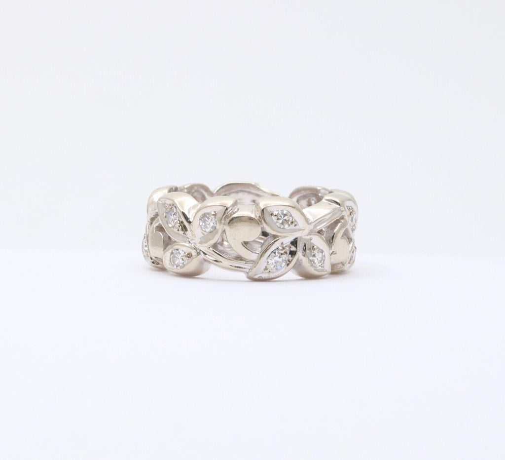 Vintage 14K White Gold Diamond Wide Ring Band.