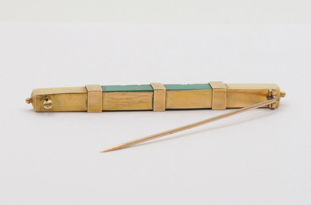 Art Deco Geometric Bar Brooch Malachite 14K Yellow Gold