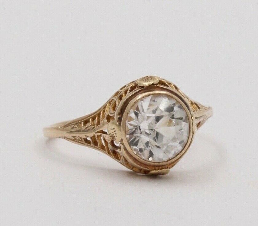 Antique Art Deco Paste Filigree 14K Yellow Gold Ring, Engagement Ring