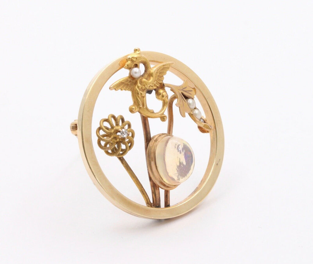 Art Nouveau 14K Yellow Gold Translucent Opal Diamond Seed Pearls Converted Brooch Pin