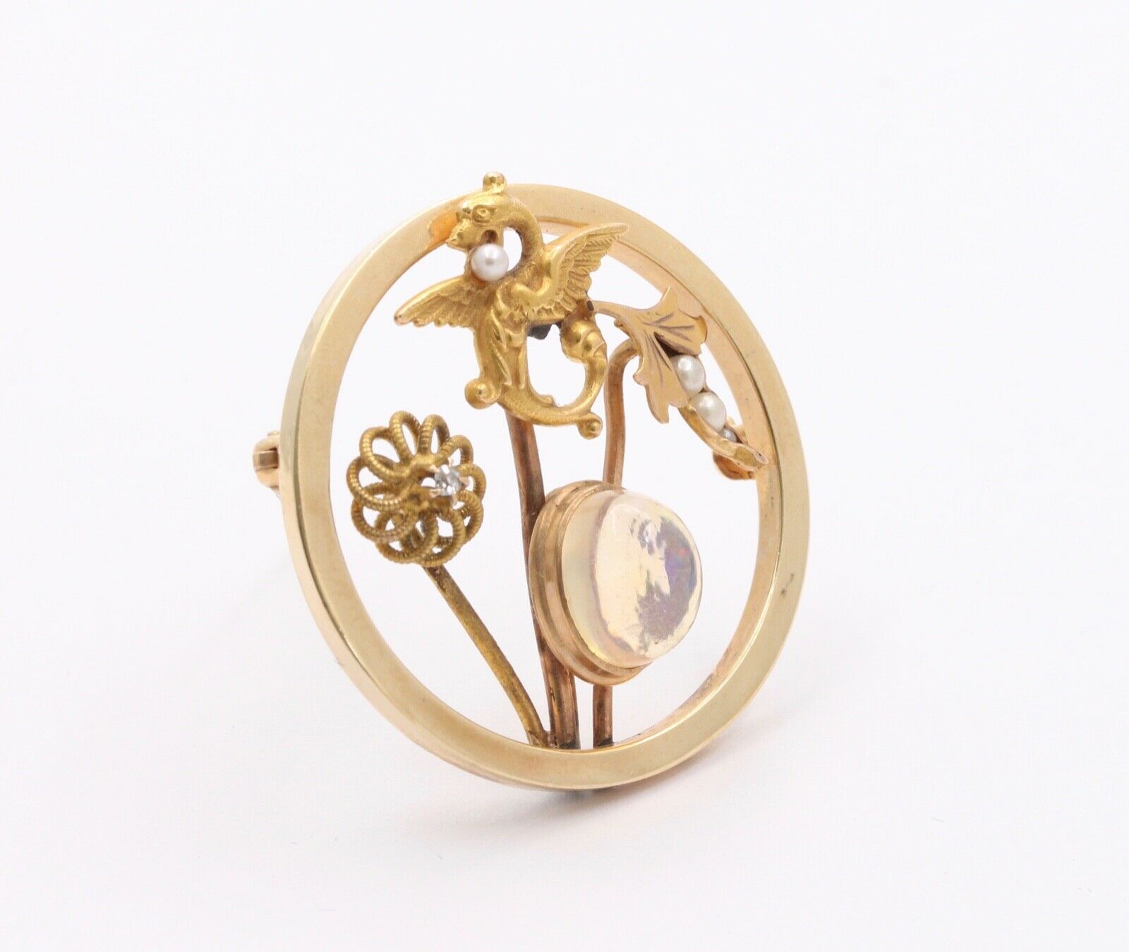 Art Nouveau 14K Yellow Gold Translucent Opal Diamond Seed Pearls Converted Brooch Pin