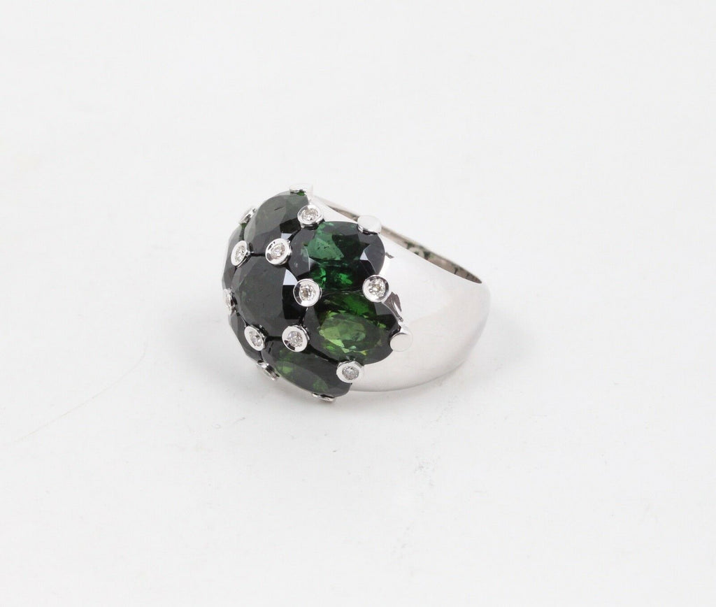 Vintage 18K White Gold  Green Tourmaline & Diamonds Dome Ring