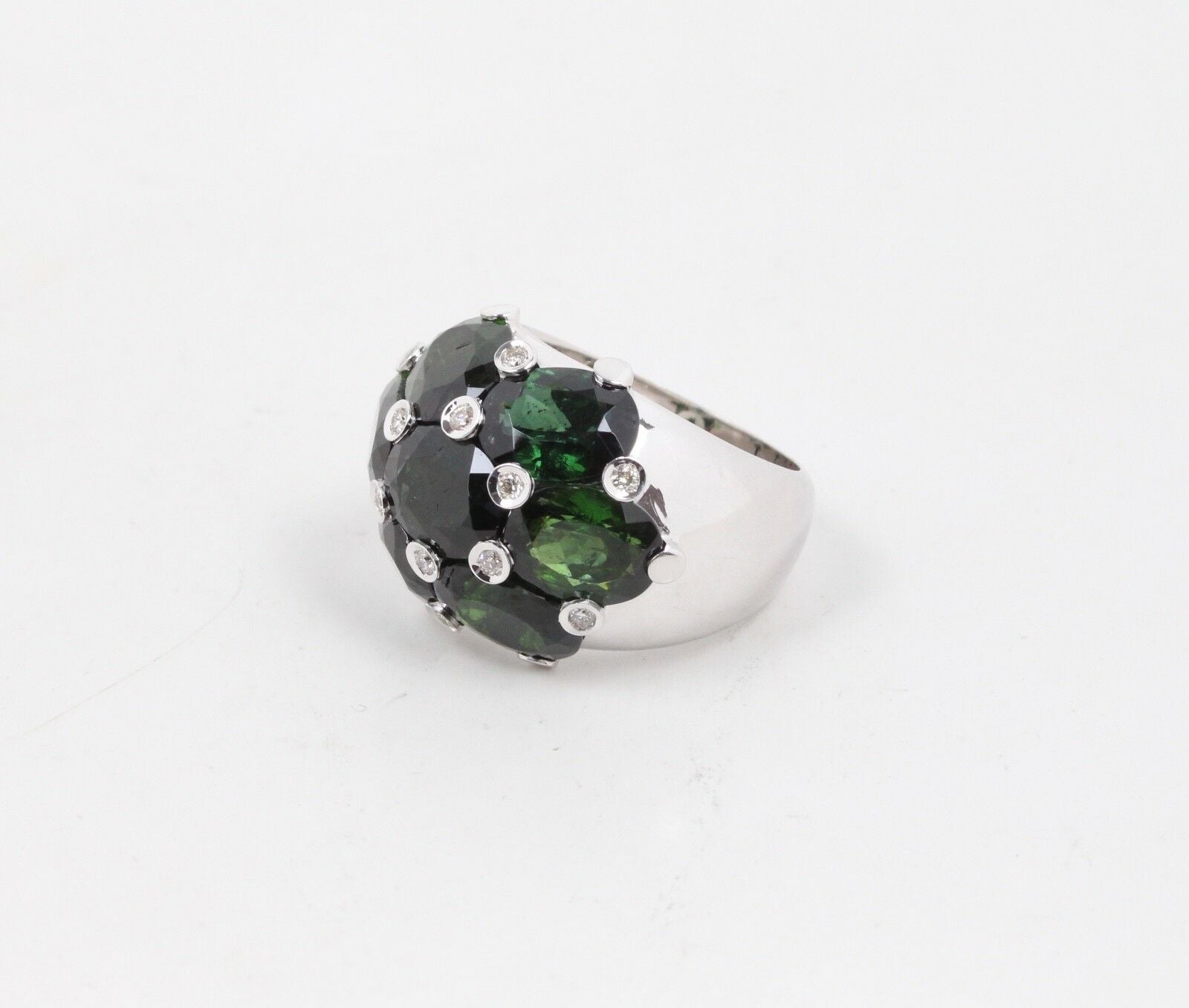 Vintage 18K White Gold  Green Tourmaline & Diamonds Dome Ring
