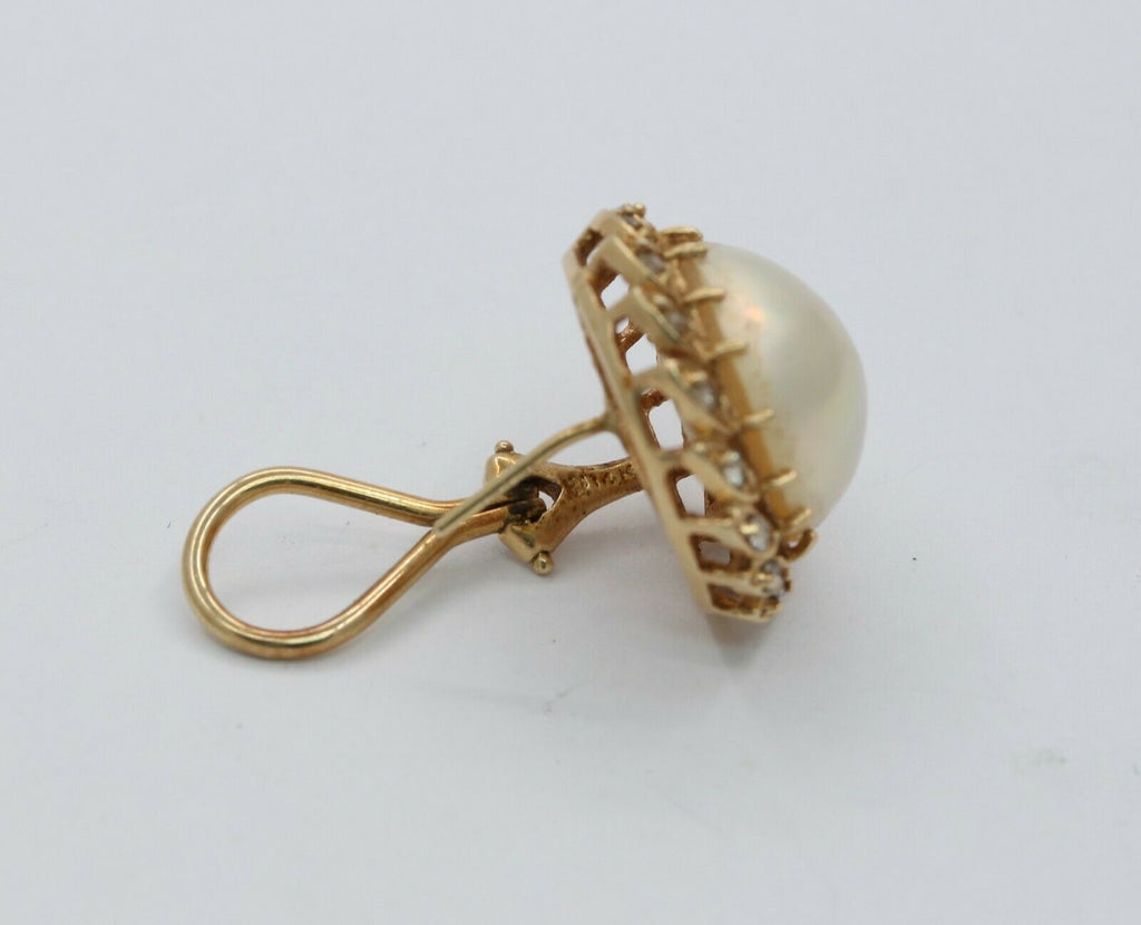 Vintage 14K Yellow Gold Mabe Pearl Diamond Earrings