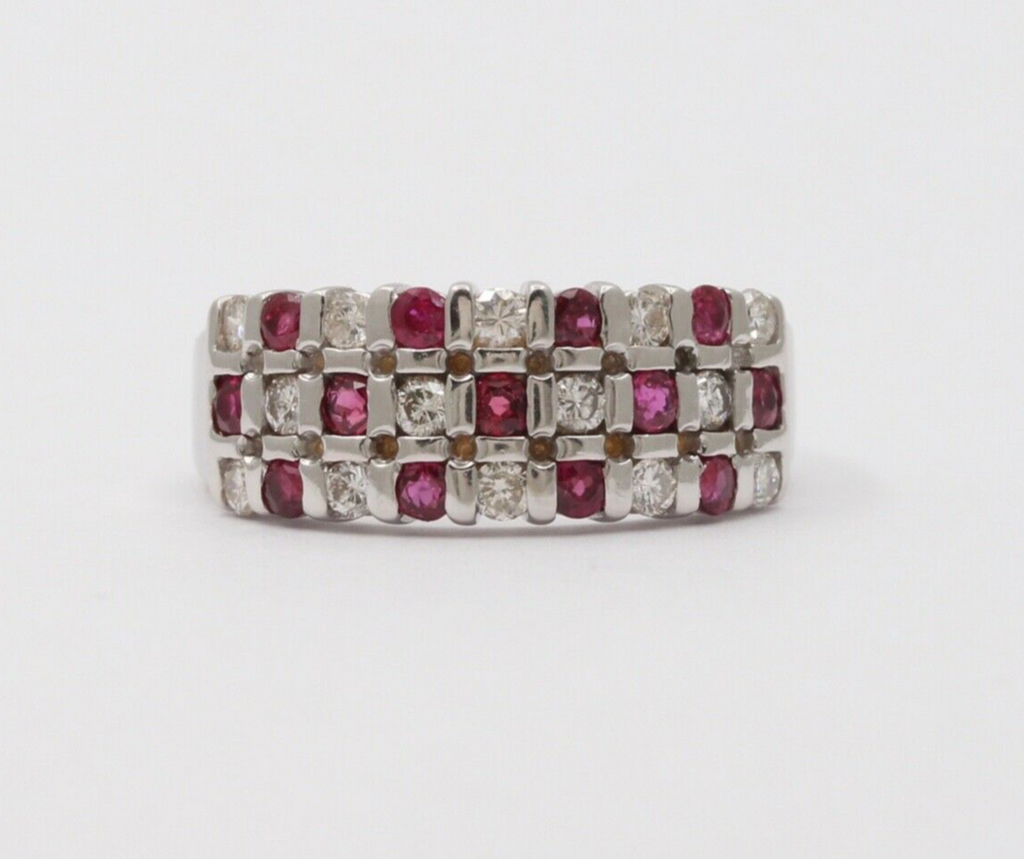 Vintage 14K White Gold Diamond & Ruby Checkerboard Ring Band