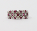 Vintage 14K White Gold Diamond & Ruby Checkerboard Ring Band