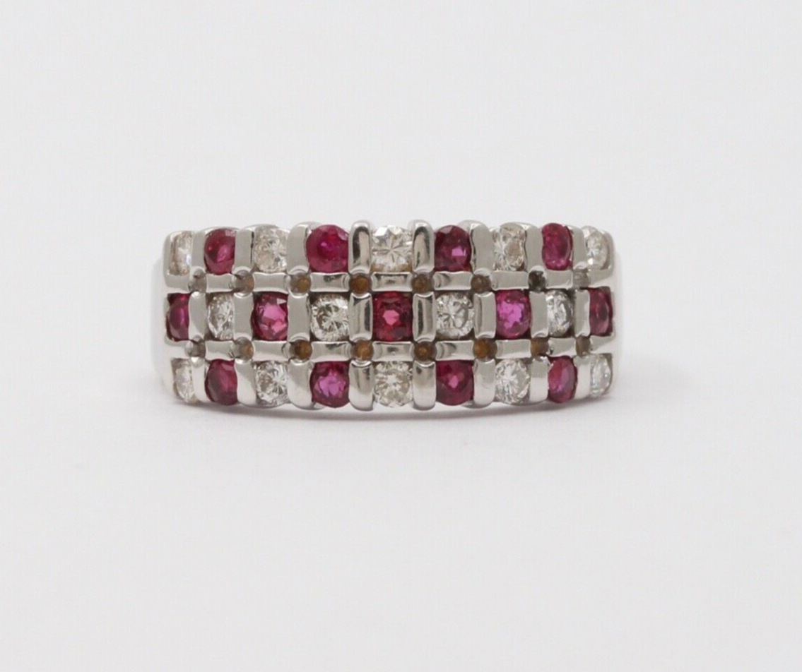 Vintage 14K White Gold Diamond & Ruby Checkerboard Ring Band