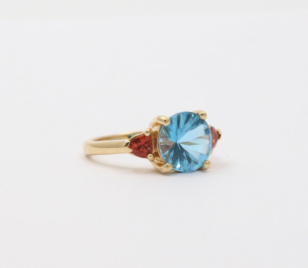 Vintage Fancy Cut Blue Topaz Madeira Citrine 14K Yellow Gold Ring