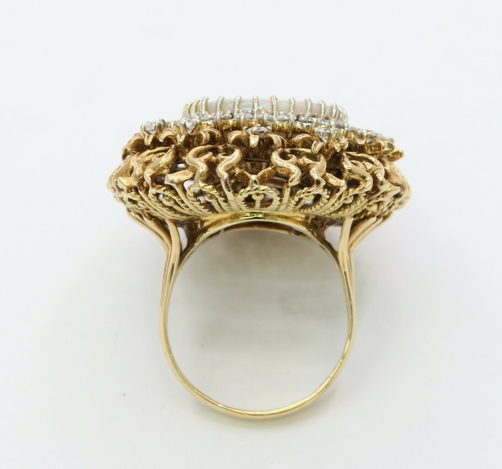 Large Vintage Ladies Opal Diamonds 14K Yellow Gold Statement Ring