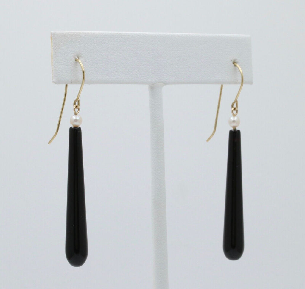 Vintage 14K Gold Onyx & Pearl Monochrome Dangling Earrings.