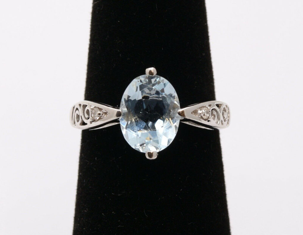 Vintage Ladies Natural Aquamarine Diamonds 14K White Gold Ring