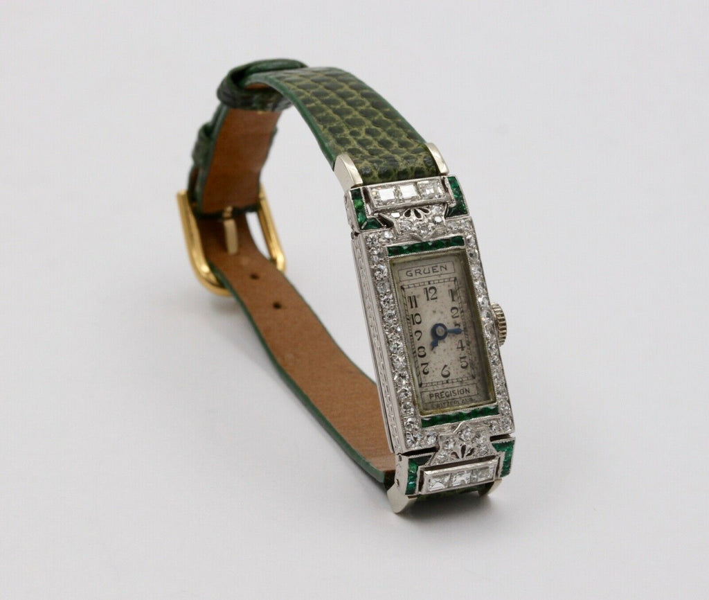 Art Deco Gruen Diamonds Emeralds Platinum Ladies Watch
